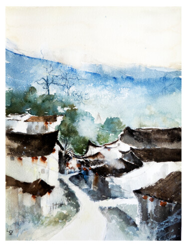 Картина под названием "Japan Village Water…" - Lilou.Online Fine Arts Mangeart, Подлинное произведение искусства, Акварель