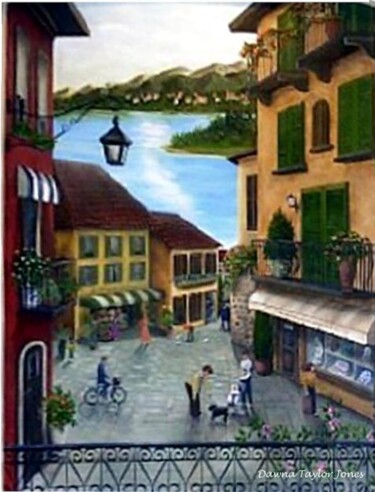 Pittura intitolato "Lake-Como-village" da Dawna Taylor Jones Jones, Opera d'arte originale