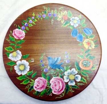 Peinture intitulée "Floral wooden plate" par Dawna Taylor Jones Jones, Œuvre d'art originale, Acrylique