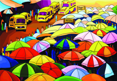 Digital Arts titled "Umbrella Market" by Dayo Adeyemi, Original Artwork, Digital Painting