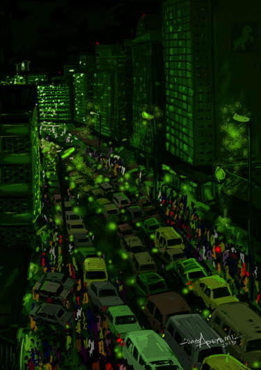 Digital Arts titled "Busy City at Night" by Dayo Adeyemi, Original Artwork, Digital Painting
