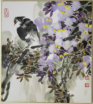 Painting titled "Crested myna and Wi…" by Dayou Lu, Original Artwork, Pigments