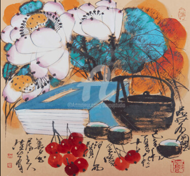 Ζωγραφική με τίτλο "Tasting the tea 品茗图…" από Dayou Lu, Αυθεντικά έργα τέχνης, Χρωστικές ουσίες