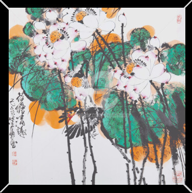 Ζωγραφική με τίτλο "The lure of lotus 荷…" από Dayou Lu, Αυθεντικά έργα τέχνης, Χρωστικές ουσίες