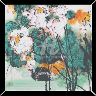 Painting titled "Lotus fragrance 荷香…" by Dayou Lu, Original Artwork, Pigments