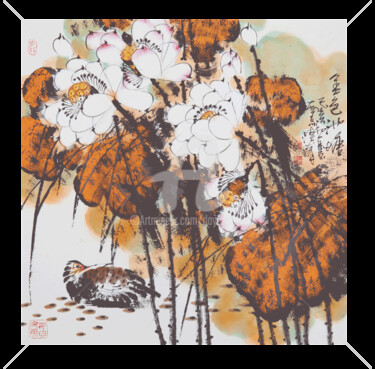 Malarstwo zatytułowany „Golden pond 金色池塘 (N…” autorstwa Dayou Lu, Oryginalna praca, Pigmenty