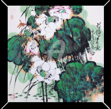 Malarstwo zatytułowany „Lotus pond clear de…” autorstwa Dayou Lu, Oryginalna praca, Pigmenty