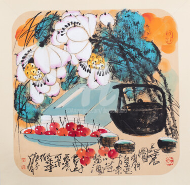Painting titled "Tasting the tea 品茗图…" by Dayou Lu, Original Artwork, Pigments