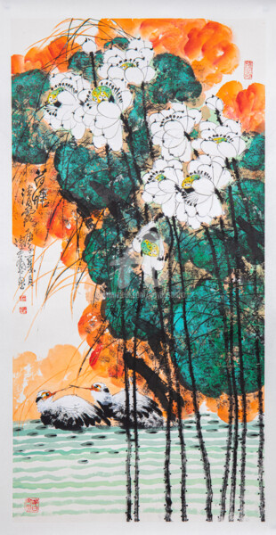 Painting titled "Lotus pond clear de…" by Dayou Lu, Original Artwork, Pigments