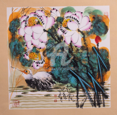 Painting titled "Lotus pond clear de…" by Dayou Lu, Original Artwork, Pigments