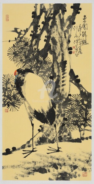 Painting titled "Crane in the easter…" by Dayou Lu, Original Artwork, Pigments