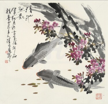 Schilderij getiteld "Happy fish 清池鱼影 （No…" door Dayou Lu, Origineel Kunstwerk, pigmenten