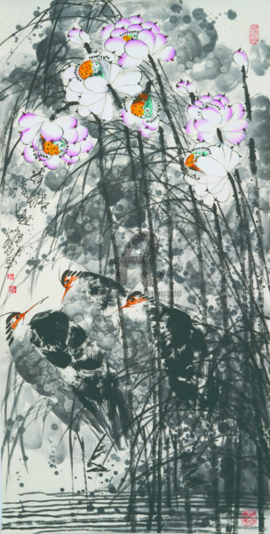Peinture intitulée "Fun in the Lotus Po…" par Dayou Lu, Œuvre d'art originale, Pigments