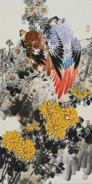 Pittura intitolato "Golden pheasant 傲霜…" da Dayou Lu, Opera d'arte originale, pigmenti