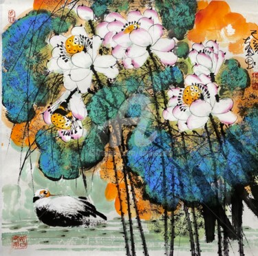 Peinture intitulée "Feel the lotus 品荷 （…" par Dayou Lu, Œuvre d'art originale, Pigments