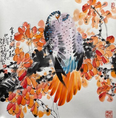 Painting titled "Golden autumn time…" by Dayou Lu, Original Artwork, Ink