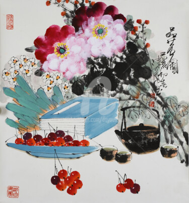 Painting titled "Taste the Fine Tea…" by Dayou Lu, Original Artwork, Pigments