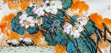 Painting titled "Fun in the lotus po…" by Dayou Lu, Original Artwork, Pigments