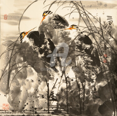Painting titled "Three Herons  三思图（N…" by Dayou Lu, Original Artwork, Pigments