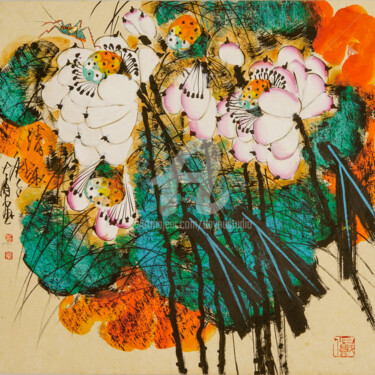 Painting titled "Fun in the Lotus Po…" by Dayou Lu, Original Artwork, Pigments