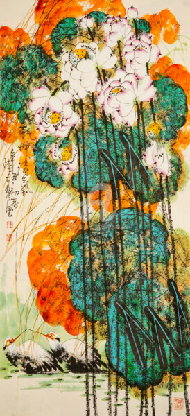 Painting titled "Fragrance of lotus…" by Dayou Lu, Original Artwork, Pigments