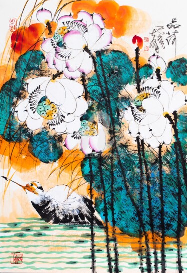 Pittura intitolato "Feel the lotus 品荷 （…" da Dayou Lu, Opera d'arte originale, Inchiostro