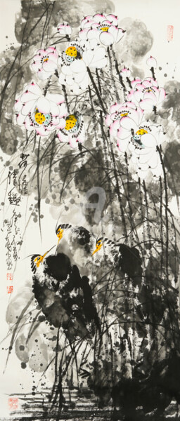 Картина под названием "Fun in the lotus po…" - Dayou Lu, Подлинное произведение искусства, Пигменты
