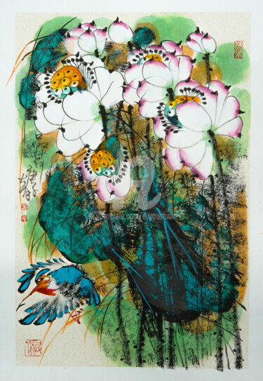 Pittura intitolato "Feel the lotus 品荷 （…" da Dayou Lu, Opera d'arte originale, pigmenti