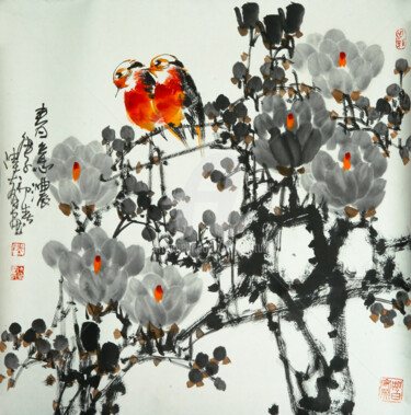 Malerei mit dem Titel "Feel the spring 春意浓…" von Dayou Lu, Original-Kunstwerk, Pigmente