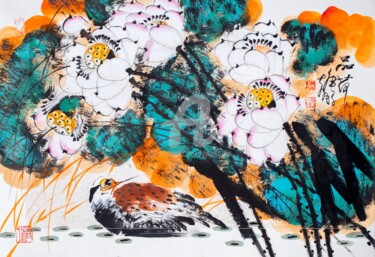 Pittura intitolato "Feel the lotus 品荷 （…" da Dayou Lu, Opera d'arte originale, pigmenti