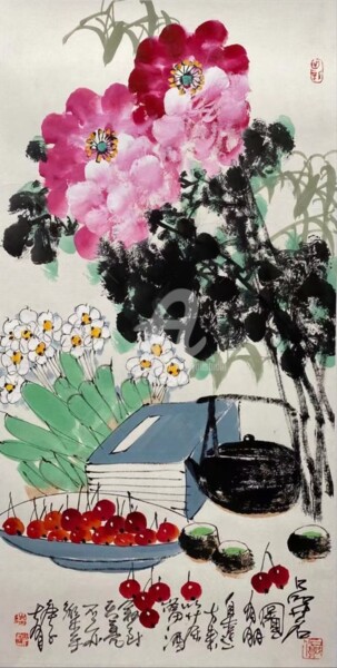 Malerei mit dem Titel "Taste fine tea 品茗图…" von Dayou Lu, Original-Kunstwerk, Pigmente