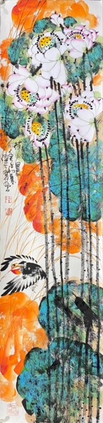 Painting titled "Morning in the lotu…" by Dayou Lu, Original Artwork, Pigments