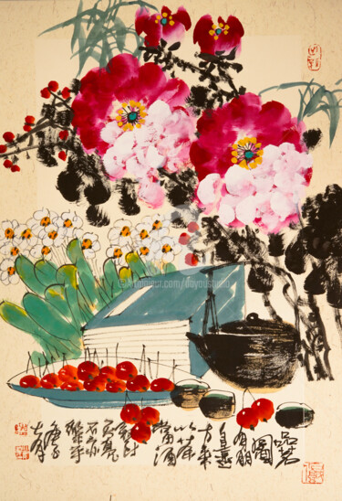 Painting titled "Taste fine tea 品茗图…" by Dayou Lu, Original Artwork, Pigments