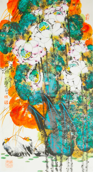 Painting titled "Fragrance of lotus…" by Dayou Lu, Original Artwork, Pigments