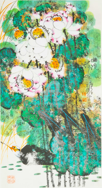 Painting titled "Lotus flower in the…" by Dayou Lu, Original Artwork, Pigments