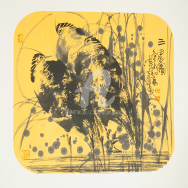 Malerei mit dem Titel "Three Herons 三思图 （N…" von Dayou Lu, Original-Kunstwerk, Pigmente