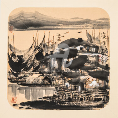 Pittura intitolato "After the fishing 渔…" da Dayou Lu, Opera d'arte originale, pigmenti