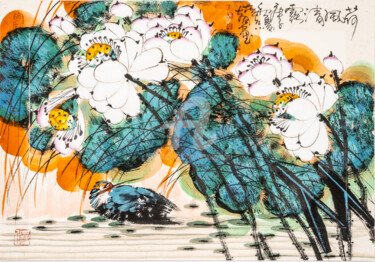 Painting titled "Lotus pond clear de…" by Dayou Lu, Original Artwork, Pigments