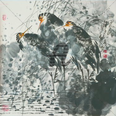 Painting titled "Three Herons 三思图 （N…" by Dayou Lu, Original Artwork, Pigments