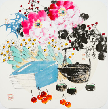 Painting titled "Taste fine tea 品茗图…" by Dayou Lu, Original Artwork, Pigments