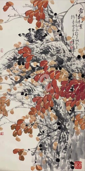 Schilderij getiteld "Frost Maple and Red…" door Dayou Lu, Origineel Kunstwerk, pigmenten