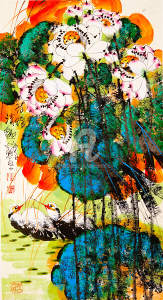 Painting titled "Fun in the lotus po…" by Dayou Lu, Original Artwork, Pigments