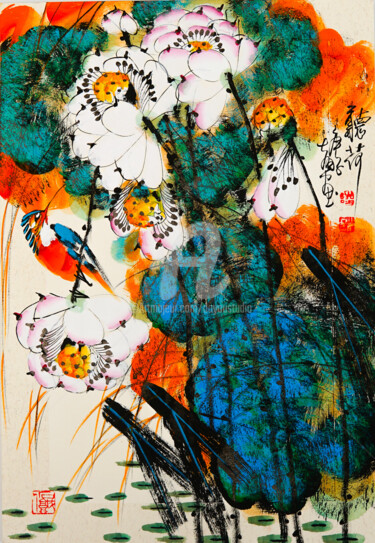 Painting titled "Sense the lotus 听荷…" by Dayou Lu, Original Artwork, Pigments
