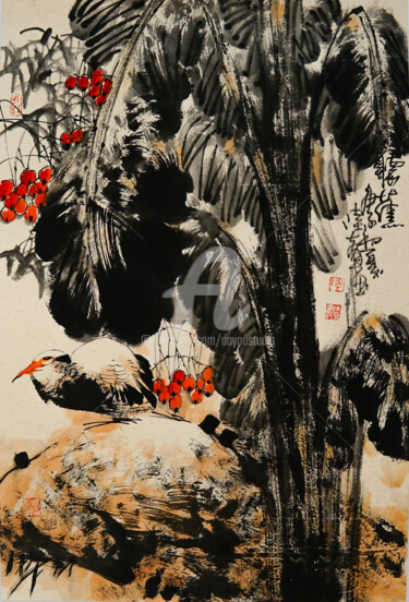 Painting titled "Listen to Basho 听蕉…" by Dayou Lu, Original Artwork, Pigments