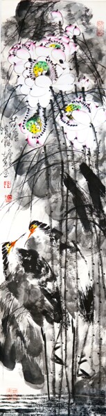 Картина под названием "Lotus pond clear de…" - Dayou Lu, Подлинное произведение искусства, Пигменты