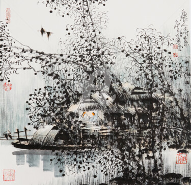 Schilderij getiteld "Poetic life  唐人诗意 （…" door Dayou Lu, Origineel Kunstwerk, pigmenten