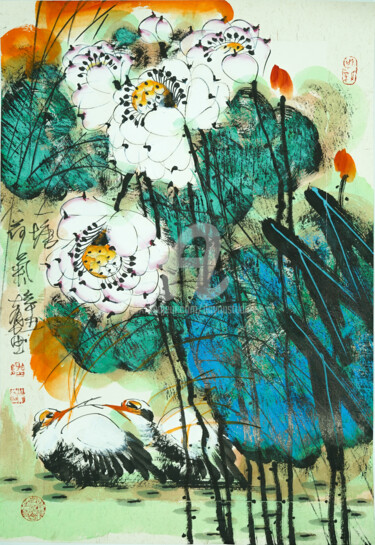Painting titled "lotus-covered pond…" by Dayou Lu, Original Artwork, Pigments