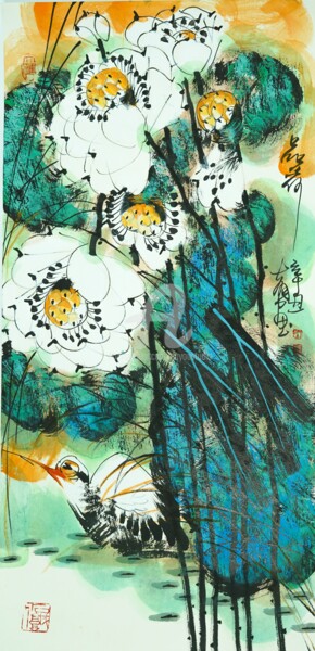 Painting titled "Listen to the lotus…" by Dayou Lu, Original Artwork, Pigments
