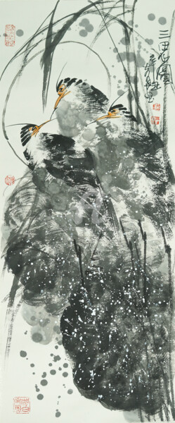 Painting titled "Three Herons 三思图 （N…" by Dayou Lu, Original Artwork, Pigments