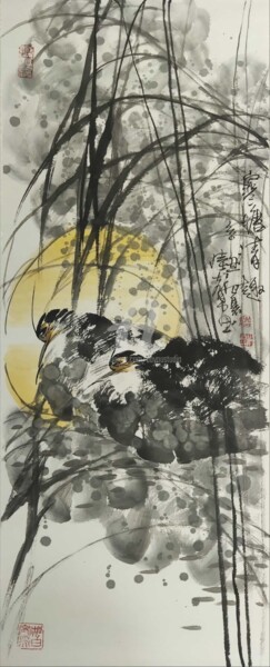 Malerei mit dem Titel "Fun in the lotus po…" von Dayou Lu, Original-Kunstwerk, Pigmente